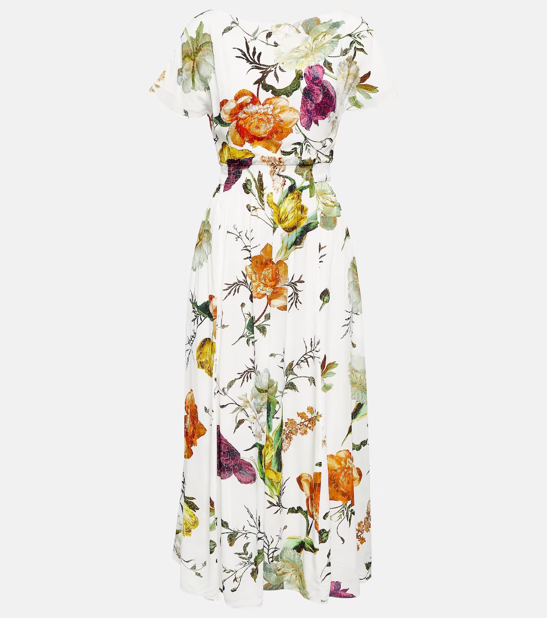 ERDEM Fraser floral crêpe midi dress, white background with big colored flowers