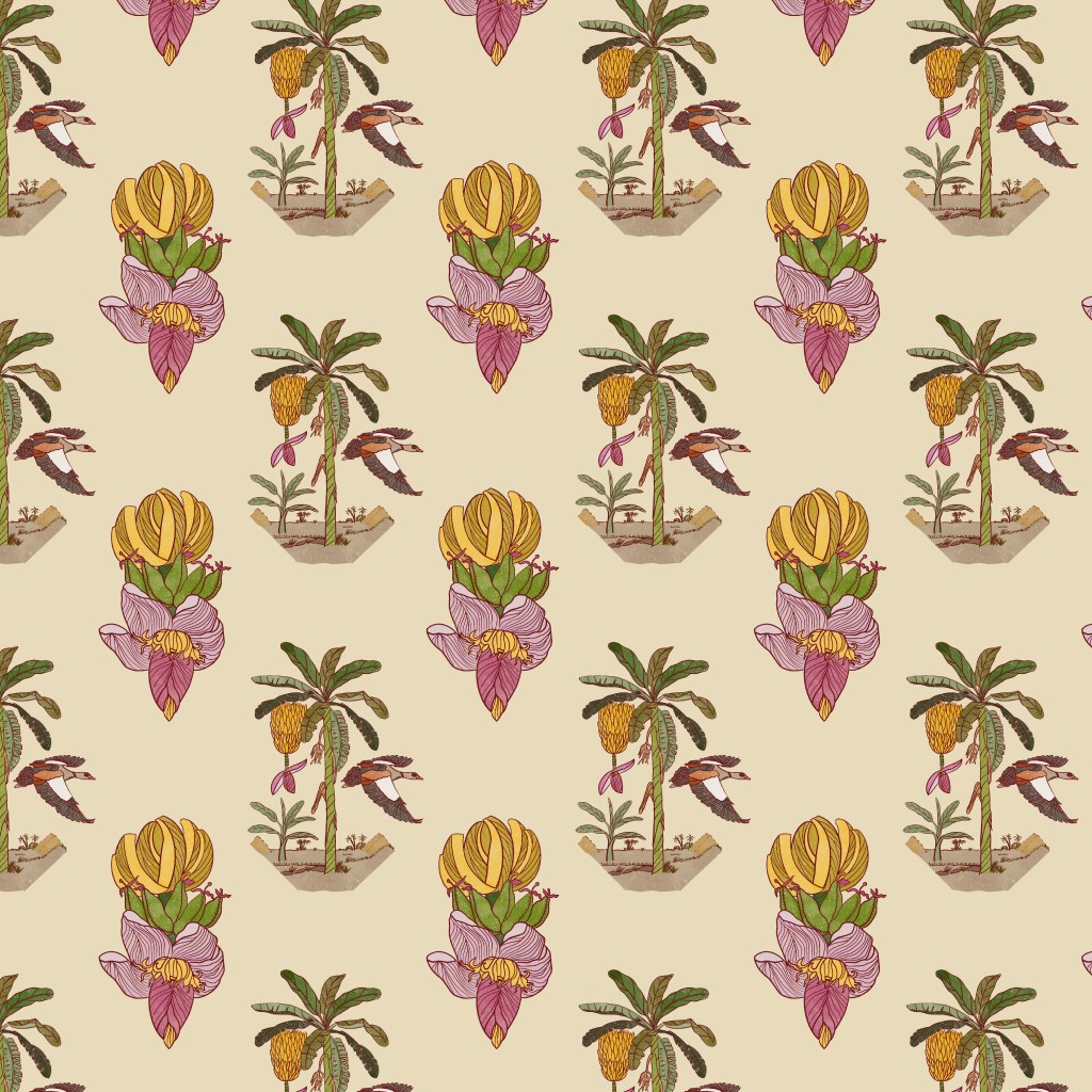 Bananas. Original pattern design printed on cotton with oasis and birds