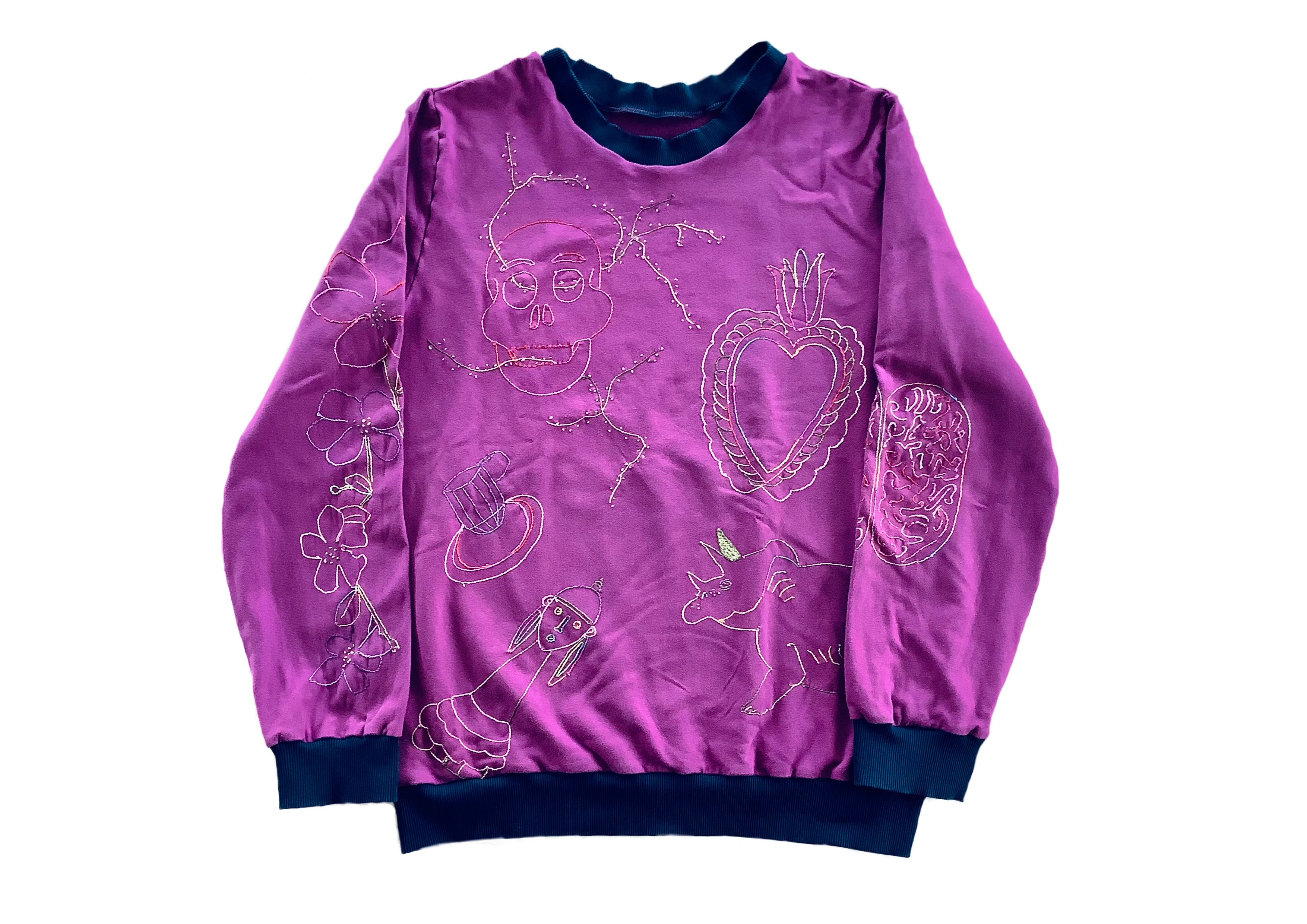 Sweater with multicolour linen embroidery, all objects of my daily lie. A scull, a heart, a brain, an African doll, flowers of my garden 