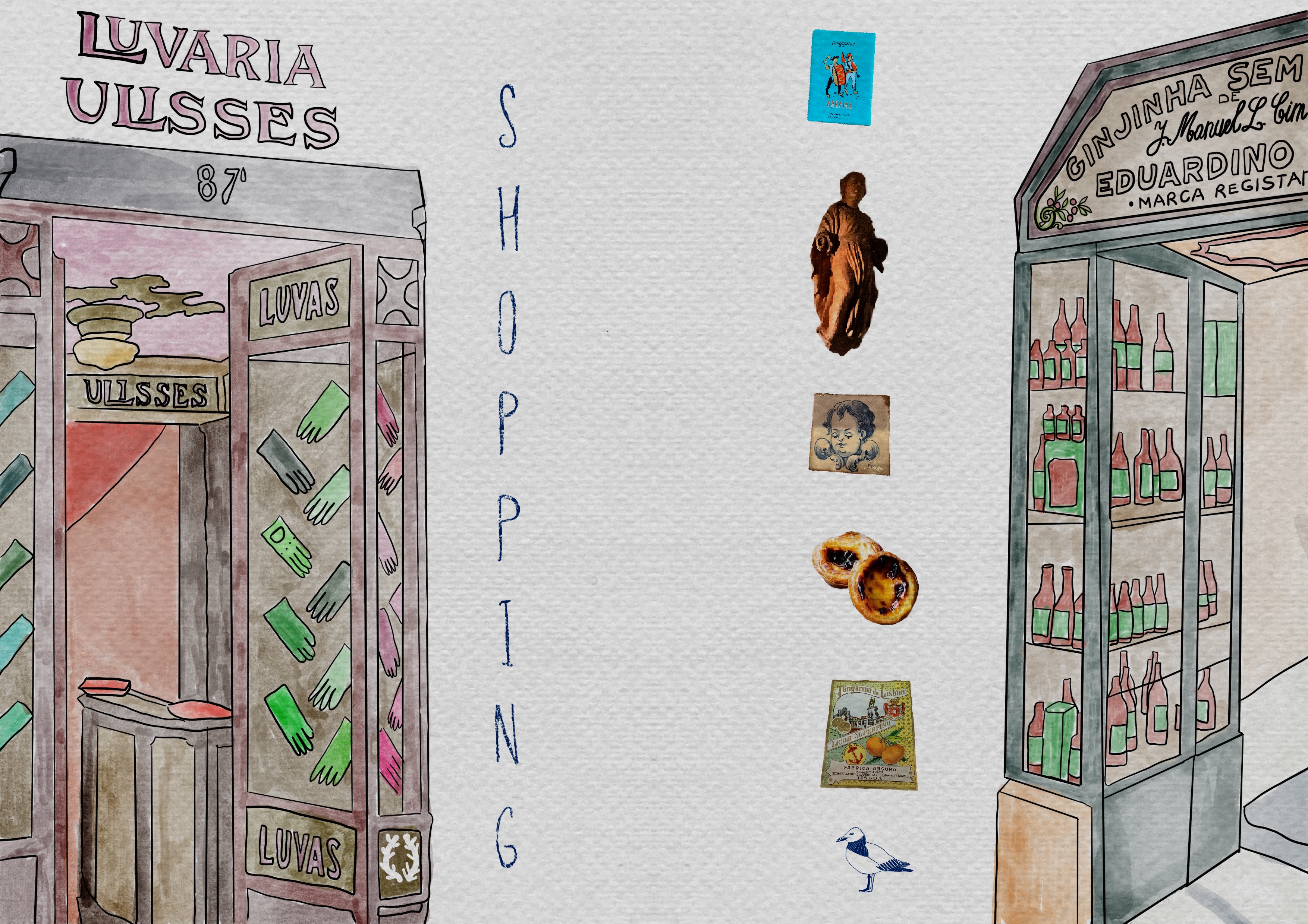 Lisboa. Illustrations printed on fabric with embroidery