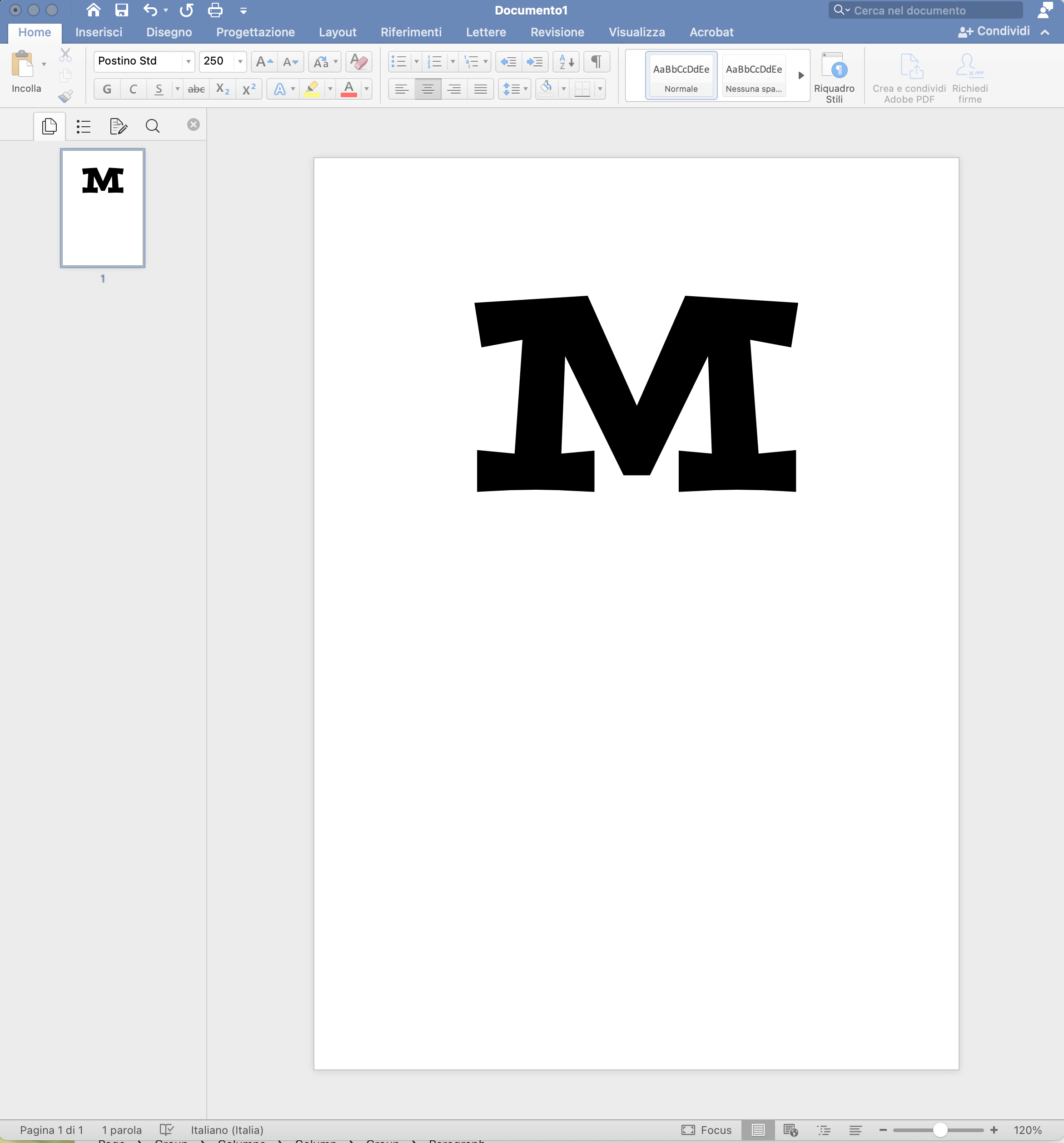 Letter M printed on paper on the dimension required for the embroidery