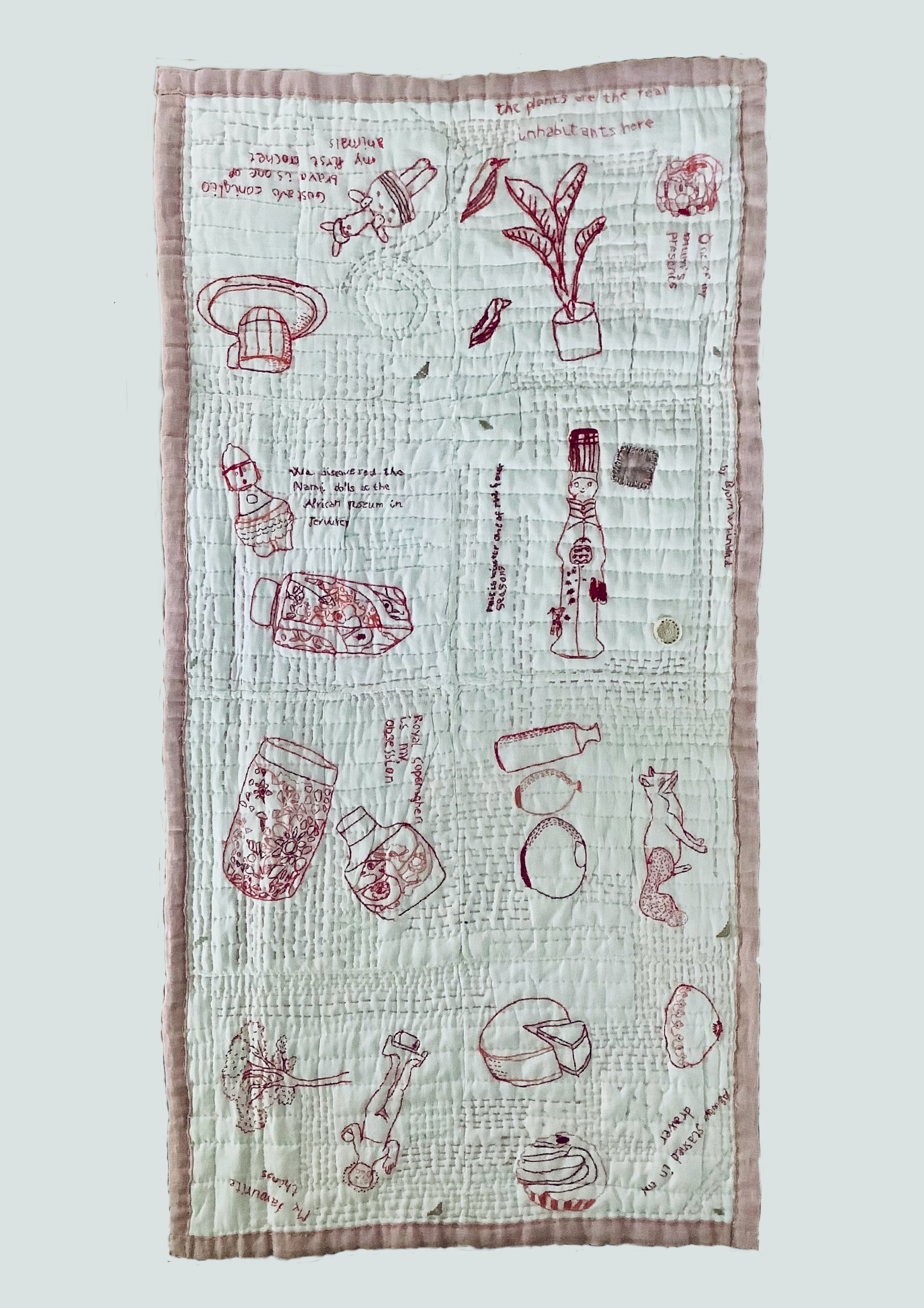 Redwork quilt hand quilted. Hand embroidery of my fave things on linen napkins
