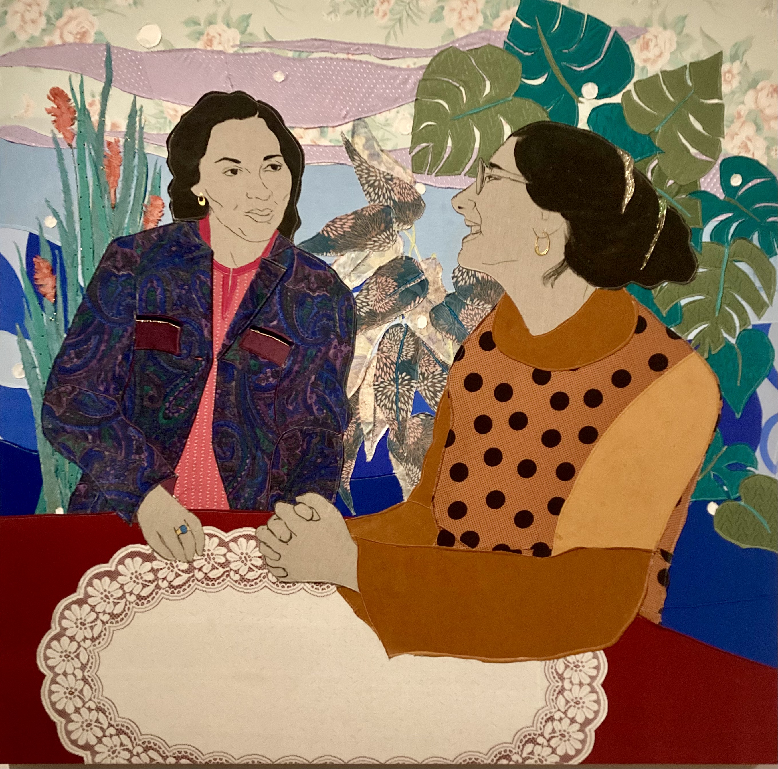 Malgorzata Mirga-Tas Phenia (Sisters) 2024 it's a textiele collage in vibrant colors showing 2 women chatting