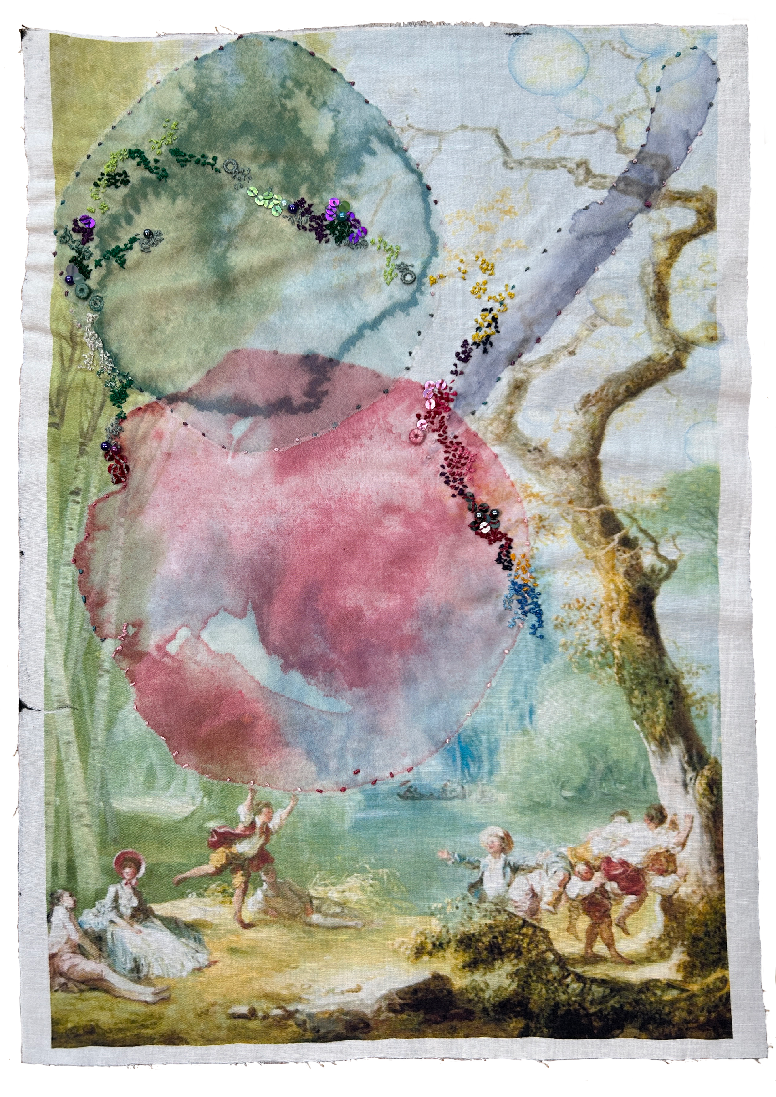 Hand embroidery with beads on cotton and organza on a painting by Fragonard