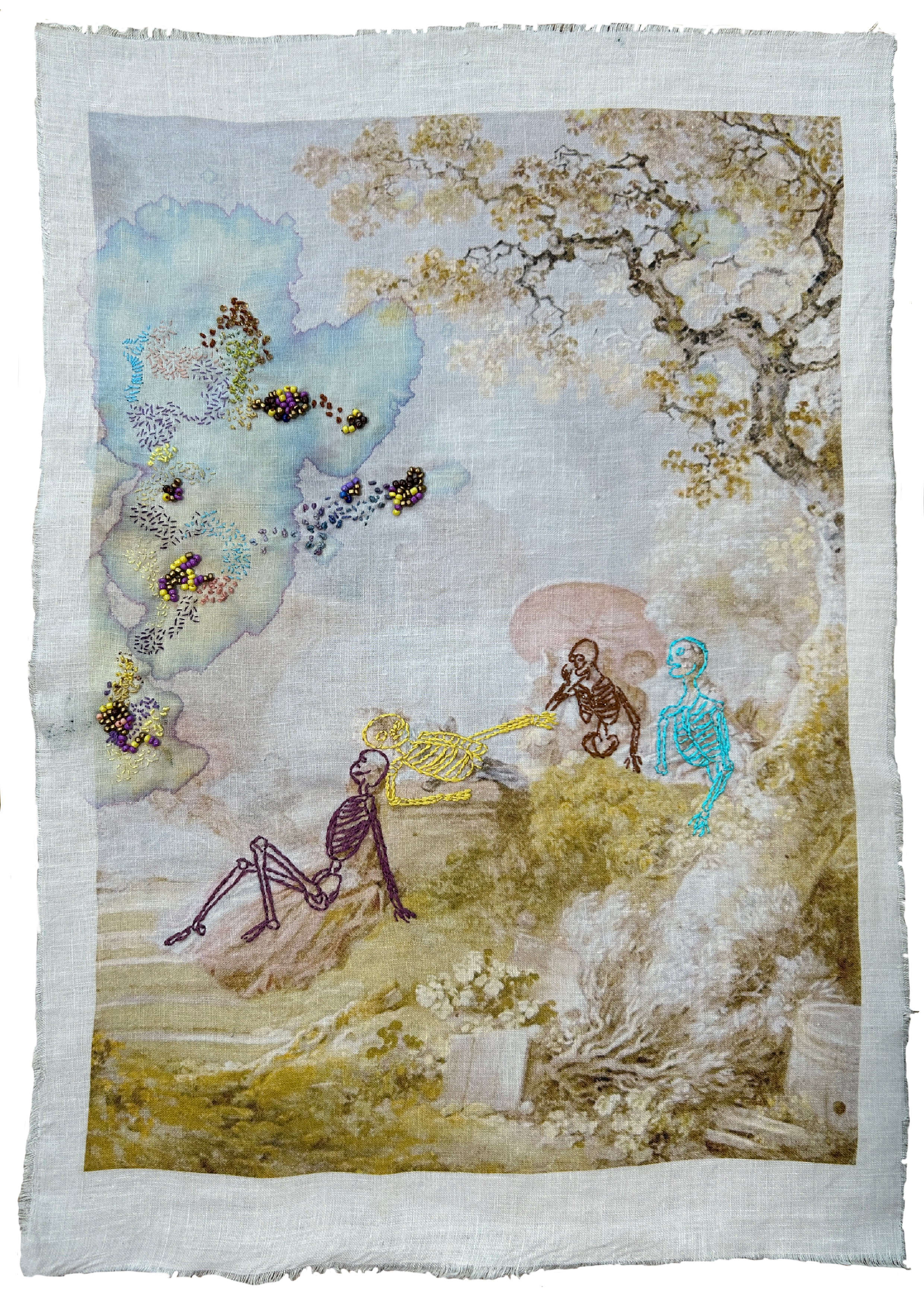 Hand embroidery with beads on cotton on a painting by Fragonard