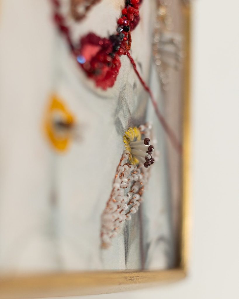 Gold work, beads, French knots