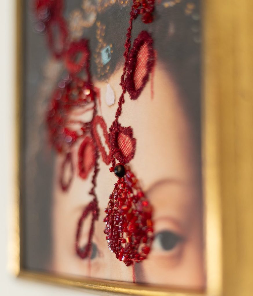 Gold work, beads, French knots