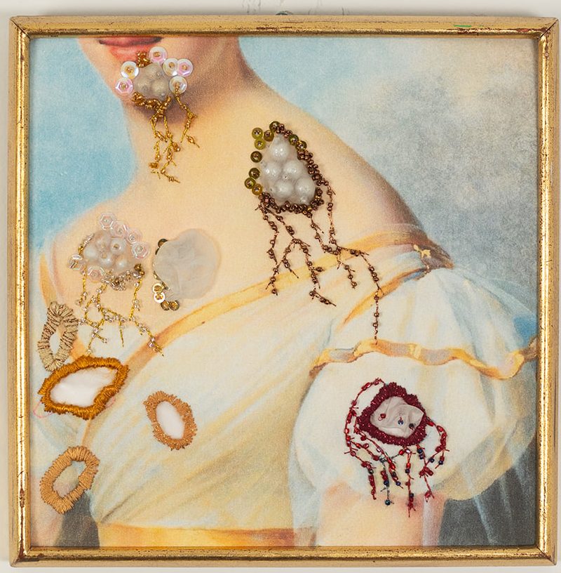 Gold work, beads, French knots