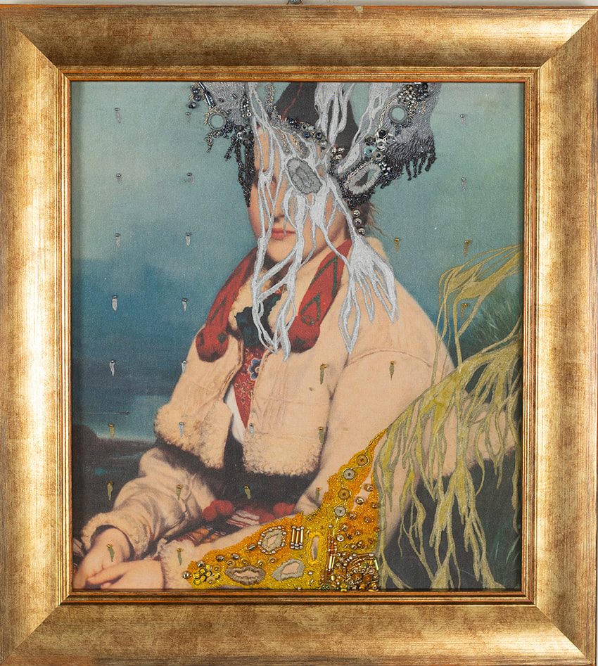 Gold work, beads, French knots.