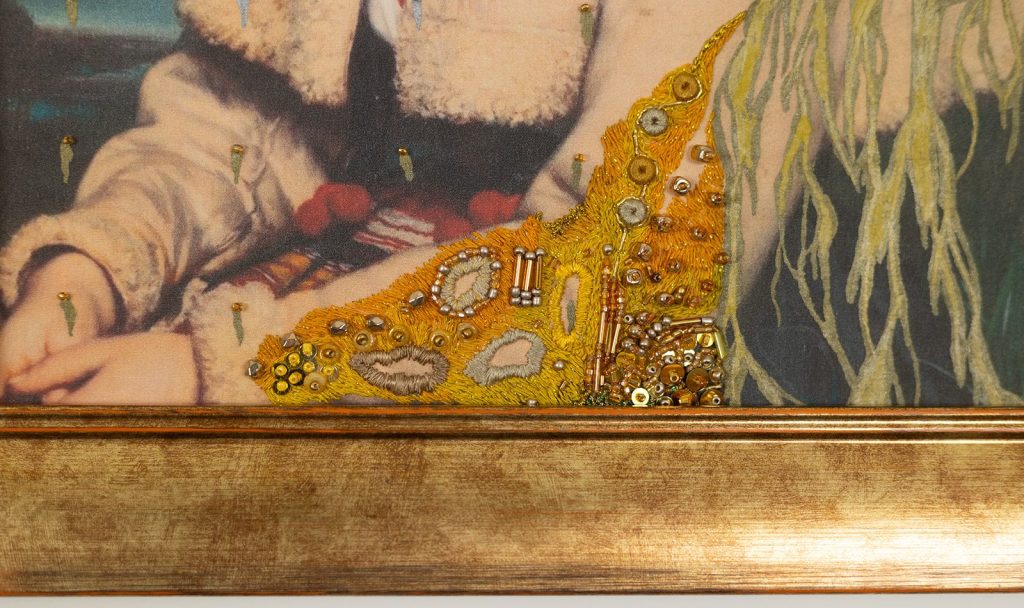 Gold work, beads, French knots