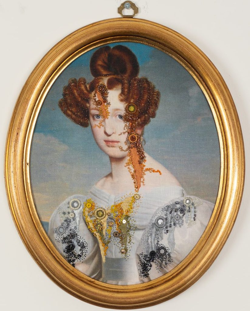 Gold work, beads, French knots on linen.