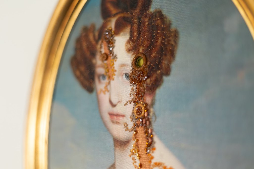 Gold work, beads, French knots on linen. 