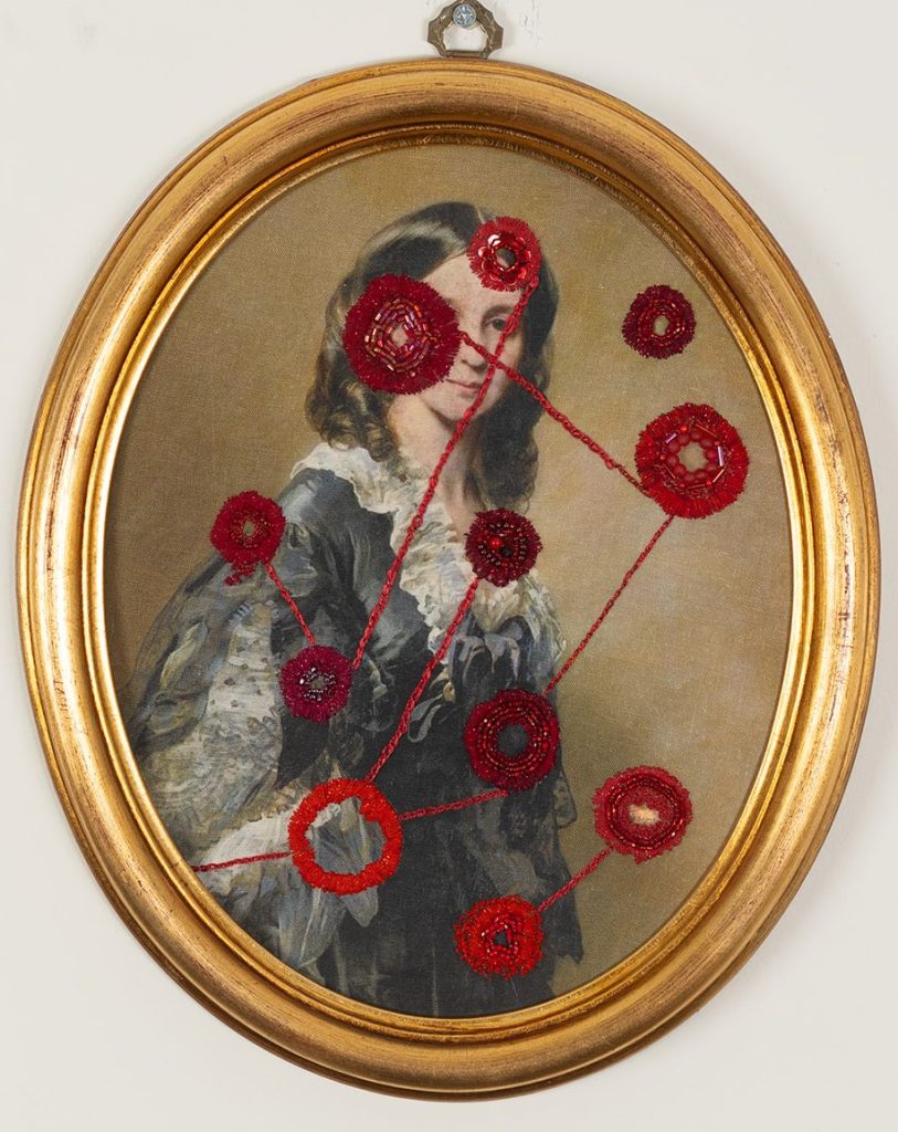 Gold work, beads, French knots on linen.