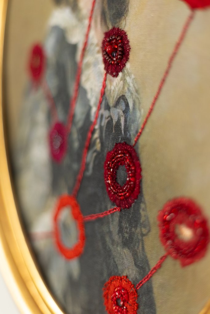 Gold work, beads, French knots on linen. 