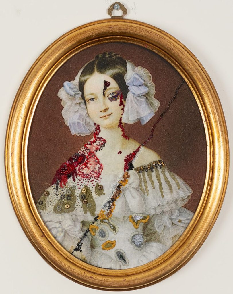 Gold work, beads, French knots on linen