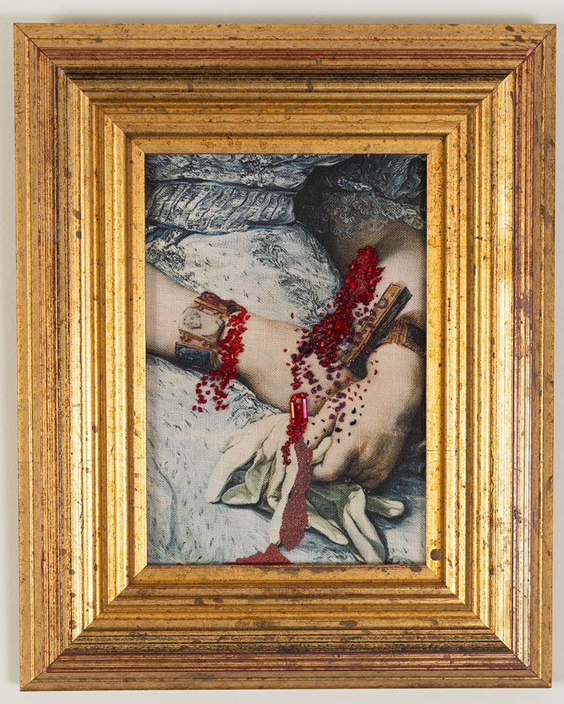 Gold work, beads, French knots.