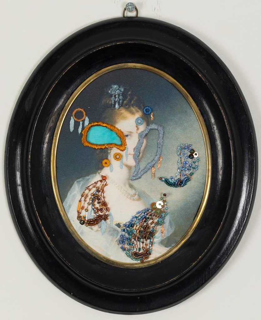 Gold work, beads, French knots. 