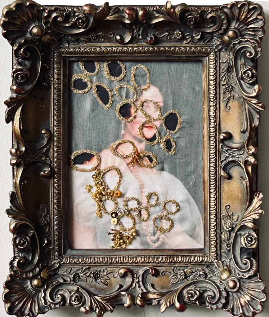 Portrait behind a layer of embroidered organza